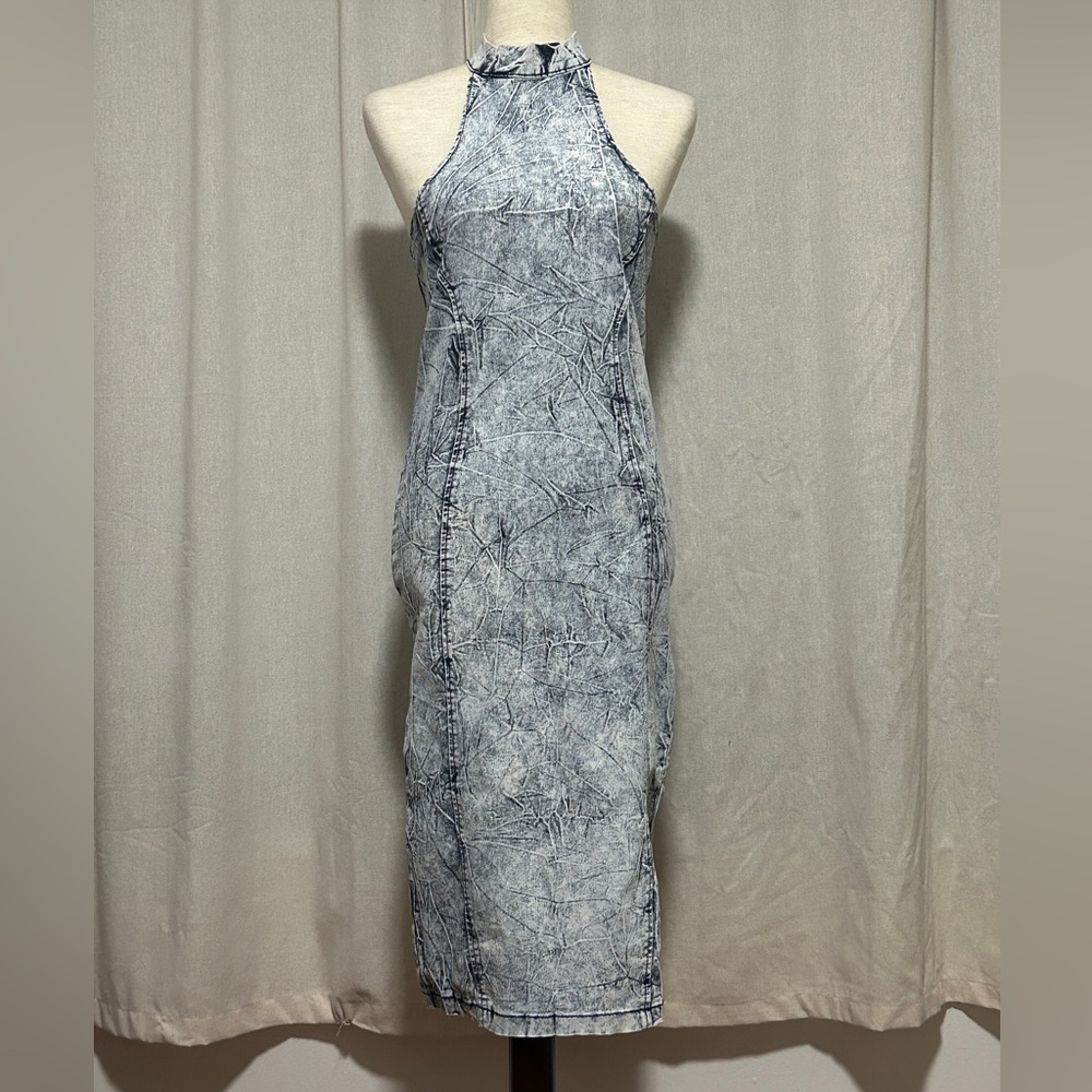 Roma Studio blue white acid wash denim midi body-con dress
